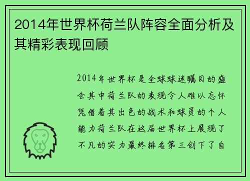 2014年世界杯荷兰队阵容全面分析及其精彩表现回顾