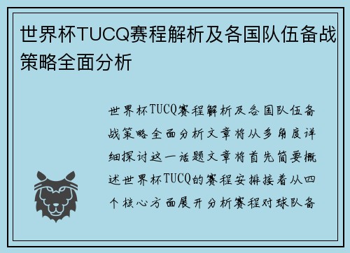 世界杯TUCQ赛程解析及各国队伍备战策略全面分析