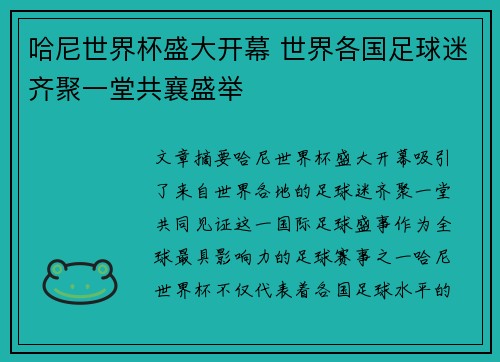 哈尼世界杯盛大开幕 世界各国足球迷齐聚一堂共襄盛举
