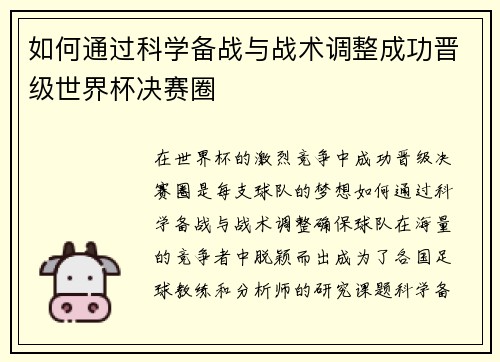 如何通过科学备战与战术调整成功晋级世界杯决赛圈
