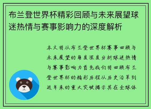 布兰登世界杯精彩回顾与未来展望球迷热情与赛事影响力的深度解析